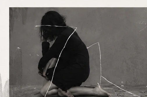 Monochrome seated figure from a mixed-media artwork